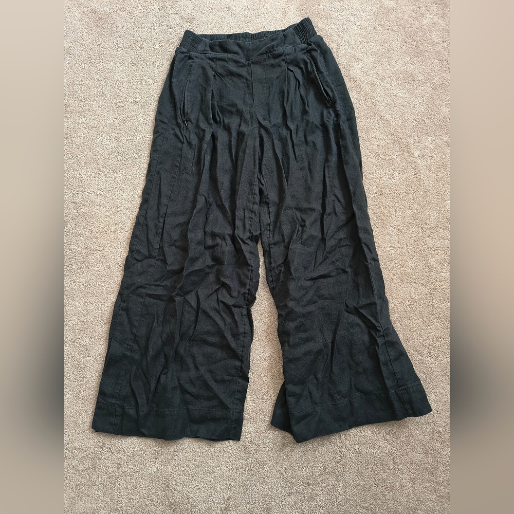 Athleta 100% Linen Playa Black Wide-Leg Cropped Gaucho Pants 8 Tall